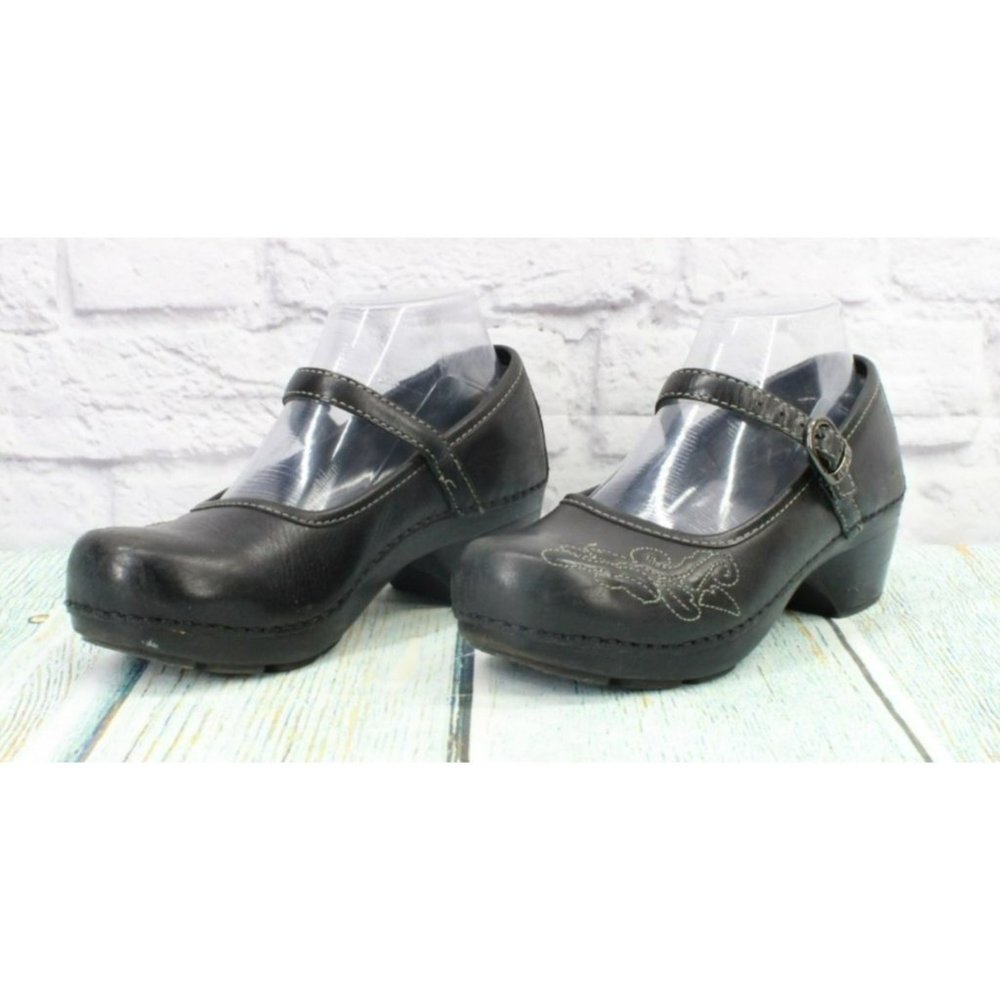 Dansko Black Leather Slip On Maryjane Clogs Heel Shoes Size 38 US 8 - Picture 2 of 9